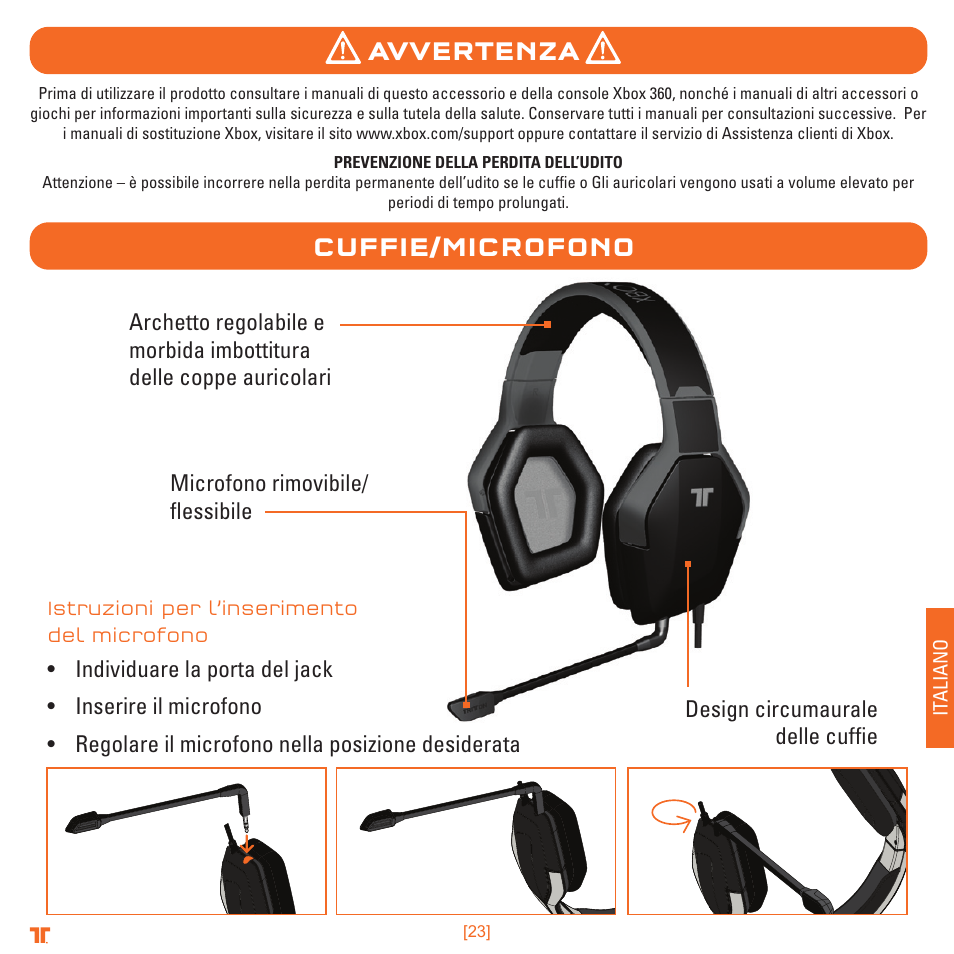 Avvertenza cuffie/microfono | TRITTON Detonator Stereo Gaming Headset User Manual | Page 23 / 56