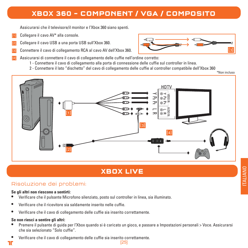 Xbox 360 – component / vga / composito, Xbox live, Verso le cuffie | TRITTON Detonator Stereo Gaming Headset User Manual | Page 25 / 56