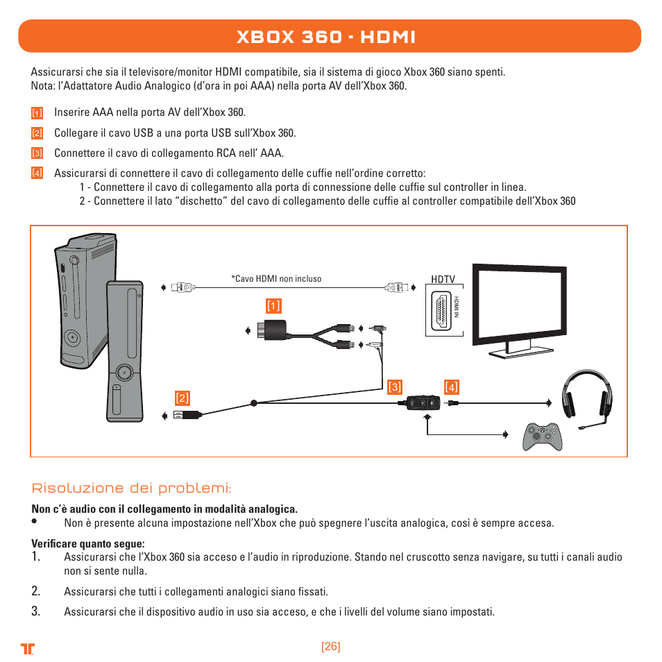 Xbox 360 - hdmi, Risoluzione dei problemi | TRITTON Detonator Stereo Gaming Headset User Manual | Page 26 / 56
