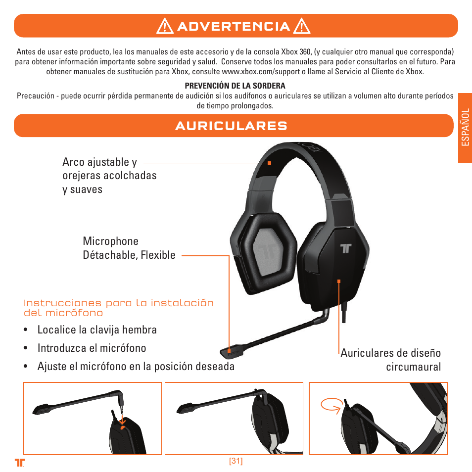 Advertencia, Auriculares | TRITTON Detonator Stereo Gaming Headset User Manual | Page 31 / 56