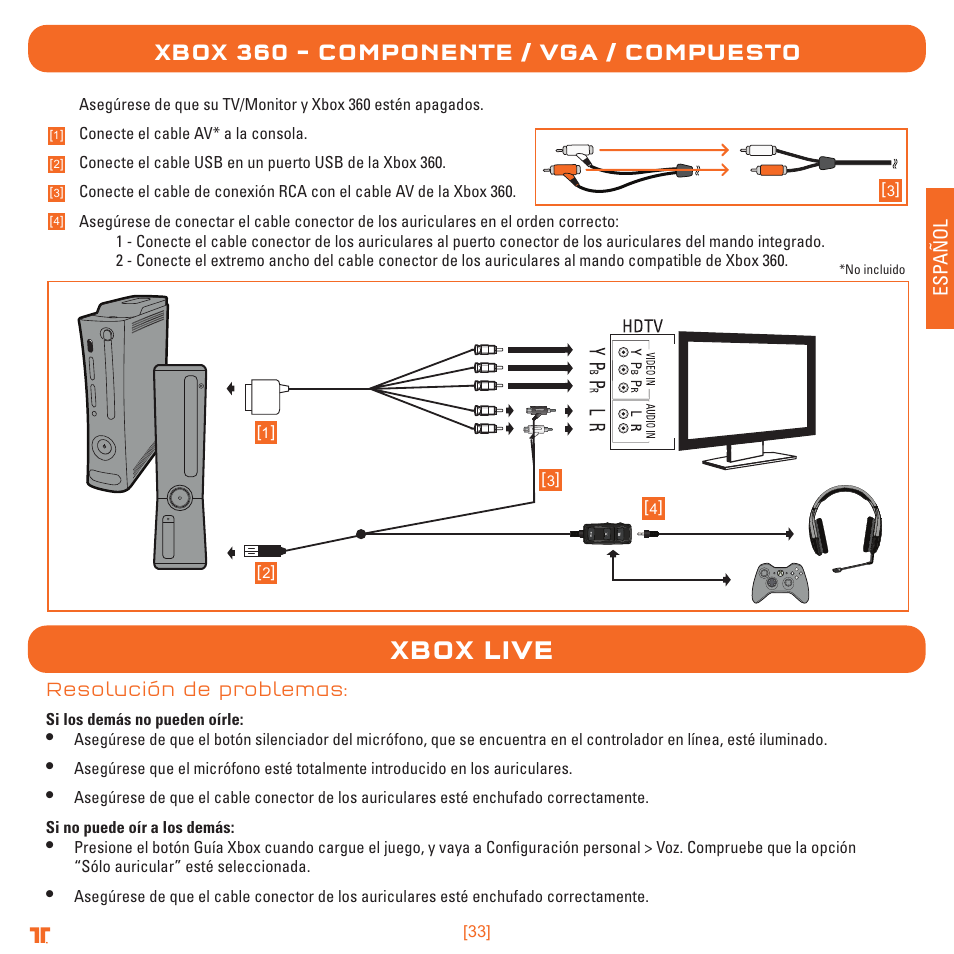 Xbox live, Monitoreo de voz seleccionable encendido/apagado, Xbox 360 – componente / vga / compuesto | TRITTON Detonator Stereo Gaming Headset User Manual | Page 33 / 56