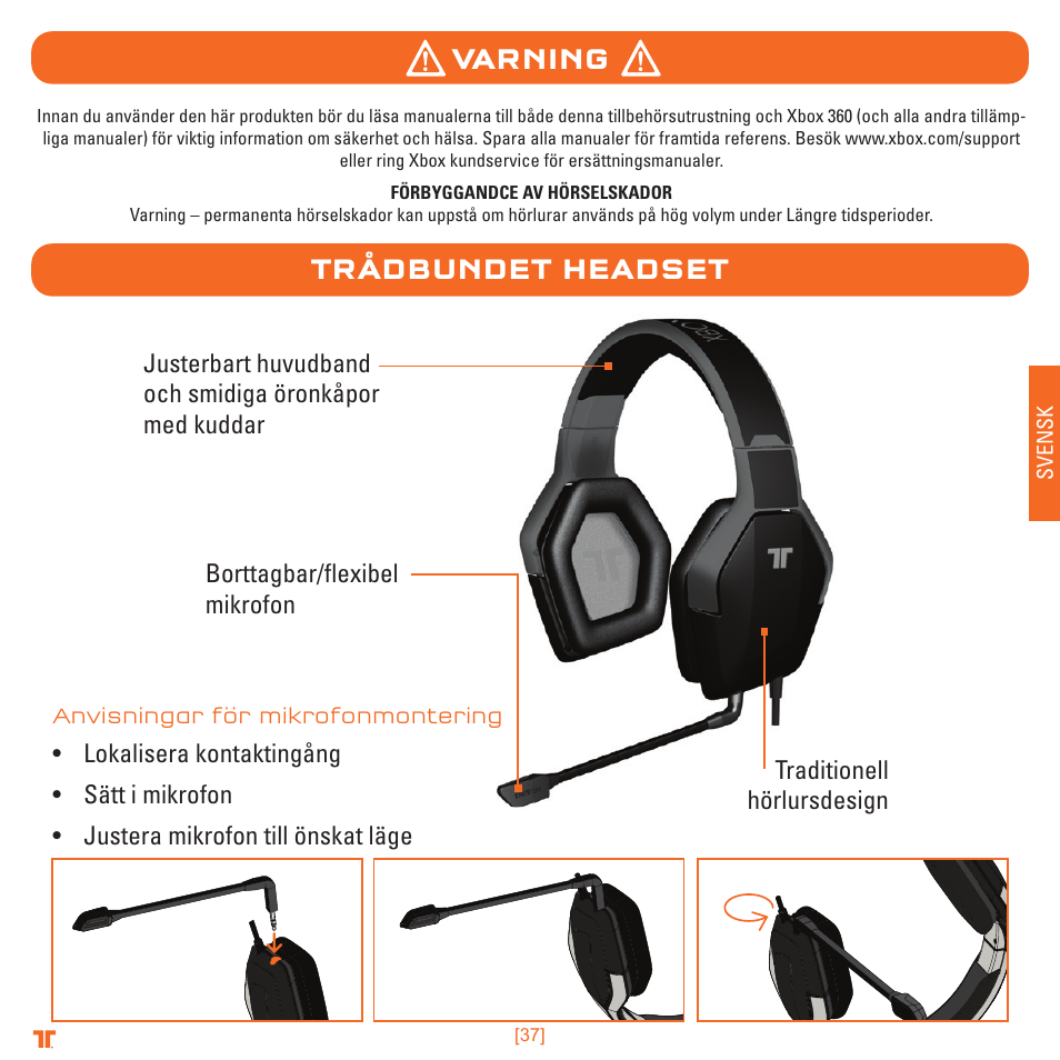 Varning, Trådbundet headset | TRITTON Detonator Stereo Gaming Headset User Manual | Page 37 / 56