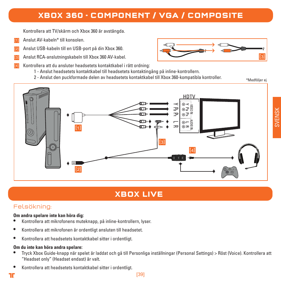 Xbox 360 - component / vga / composite, Xbox live, Till headset | TRITTON Detonator Stereo Gaming Headset User Manual | Page 39 / 56