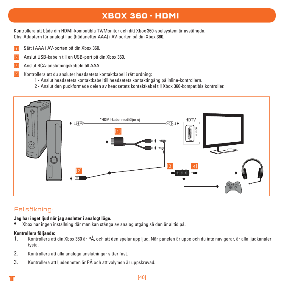 Xbox 360 - hdmi, Felsökning | TRITTON Detonator Stereo Gaming Headset User Manual | Page 40 / 56