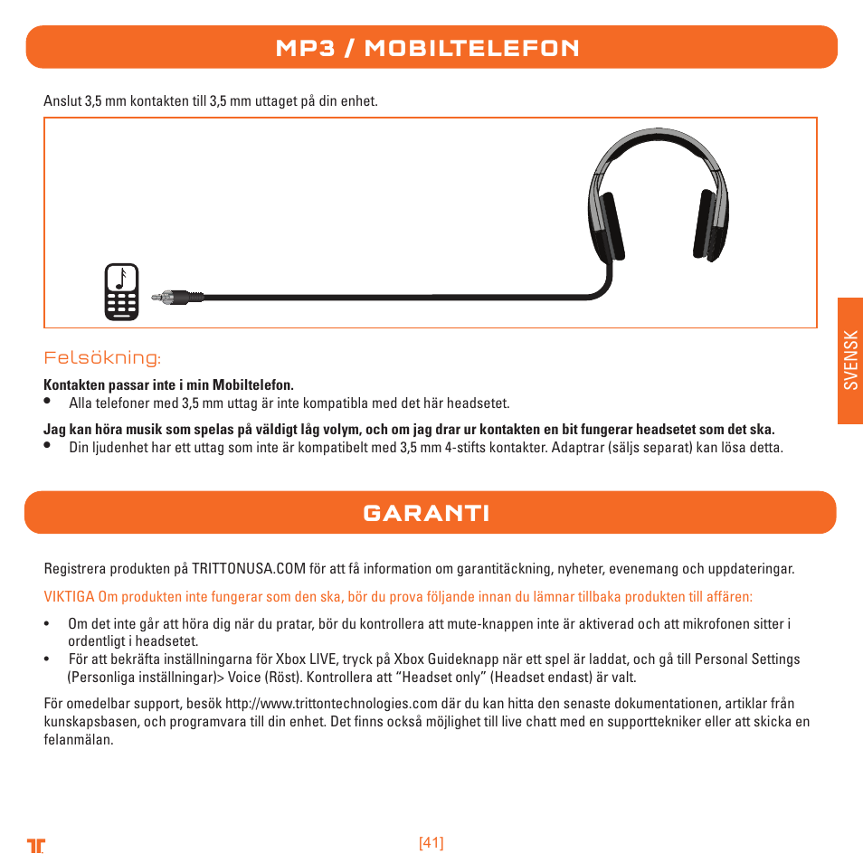 Mp3 / mobiltelefon garanti | TRITTON Detonator Stereo Gaming Headset User Manual | Page 41 / 56