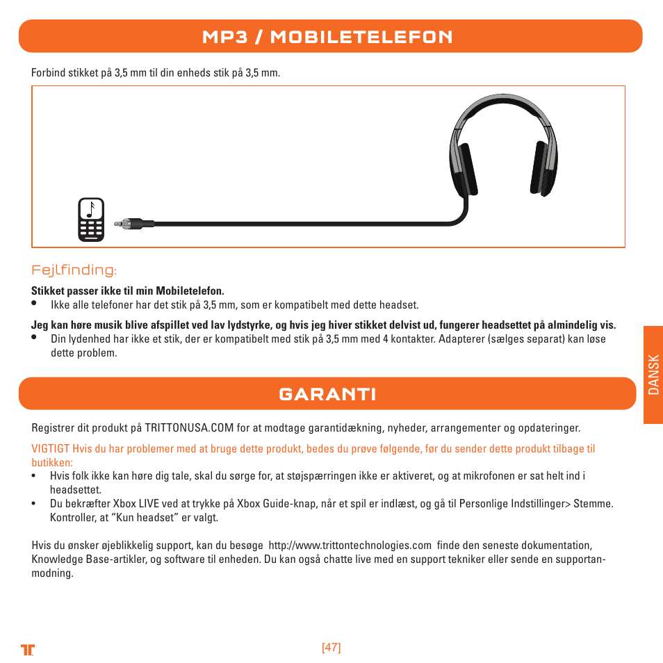 Mp3 / mobiletelefon garanti | TRITTON Detonator Stereo Gaming Headset User Manual | Page 47 / 56