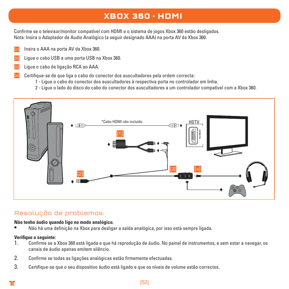 Xbox 360 - hdmi, Resolução de problemas | TRITTON Detonator Stereo Gaming Headset User Manual | Page 52 / 56