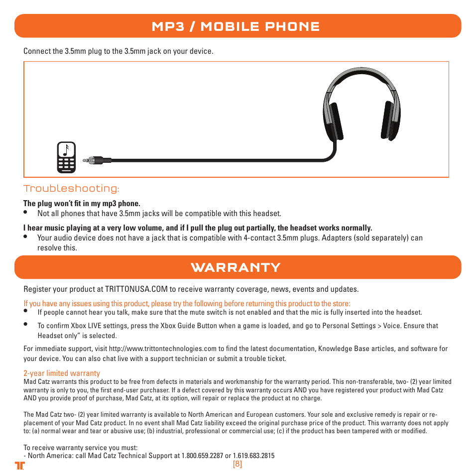 Mp3 / mobile phone warranty | TRITTON Detonator Stereo Gaming Headset User Manual | Page 8 / 56