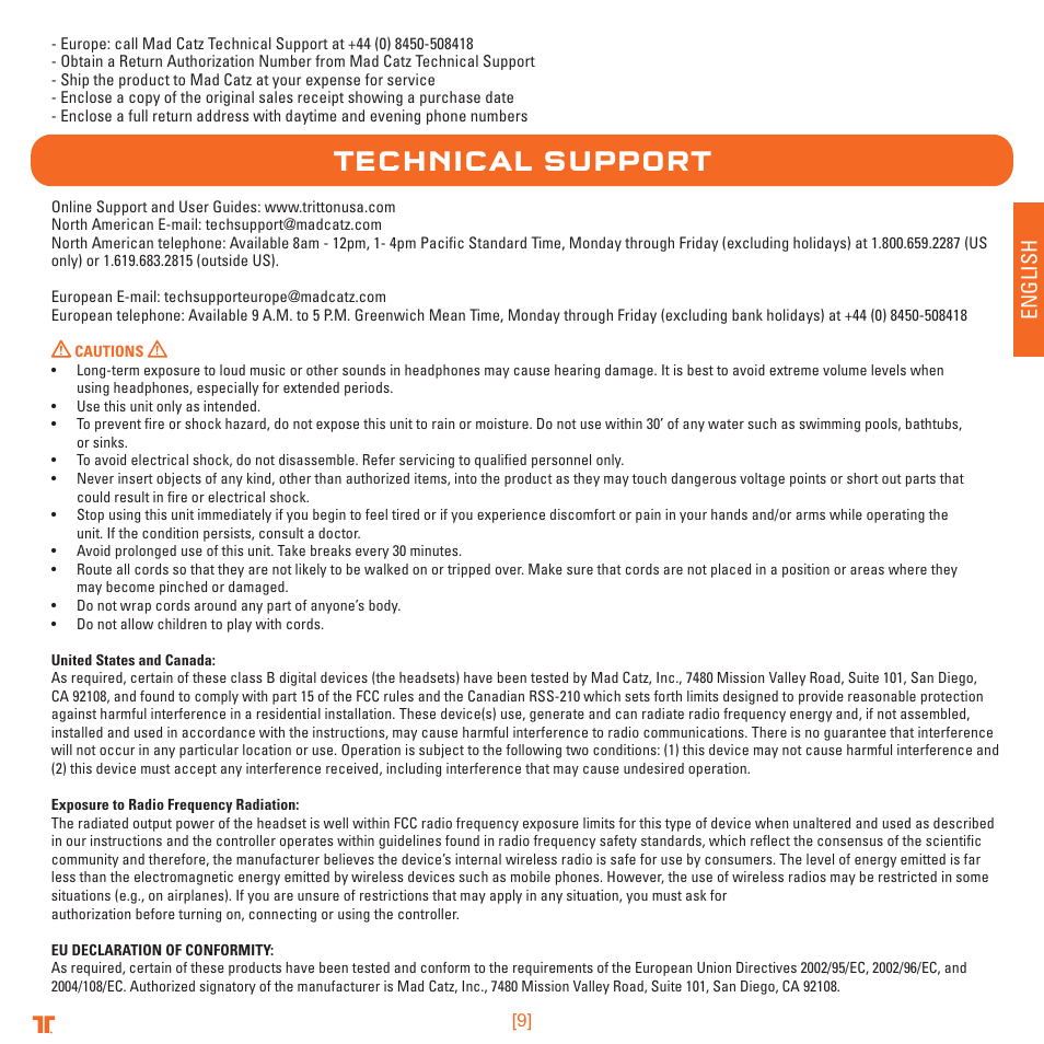 Technical support, English | TRITTON Detonator Stereo Gaming Headset User Manual | Page 9 / 56