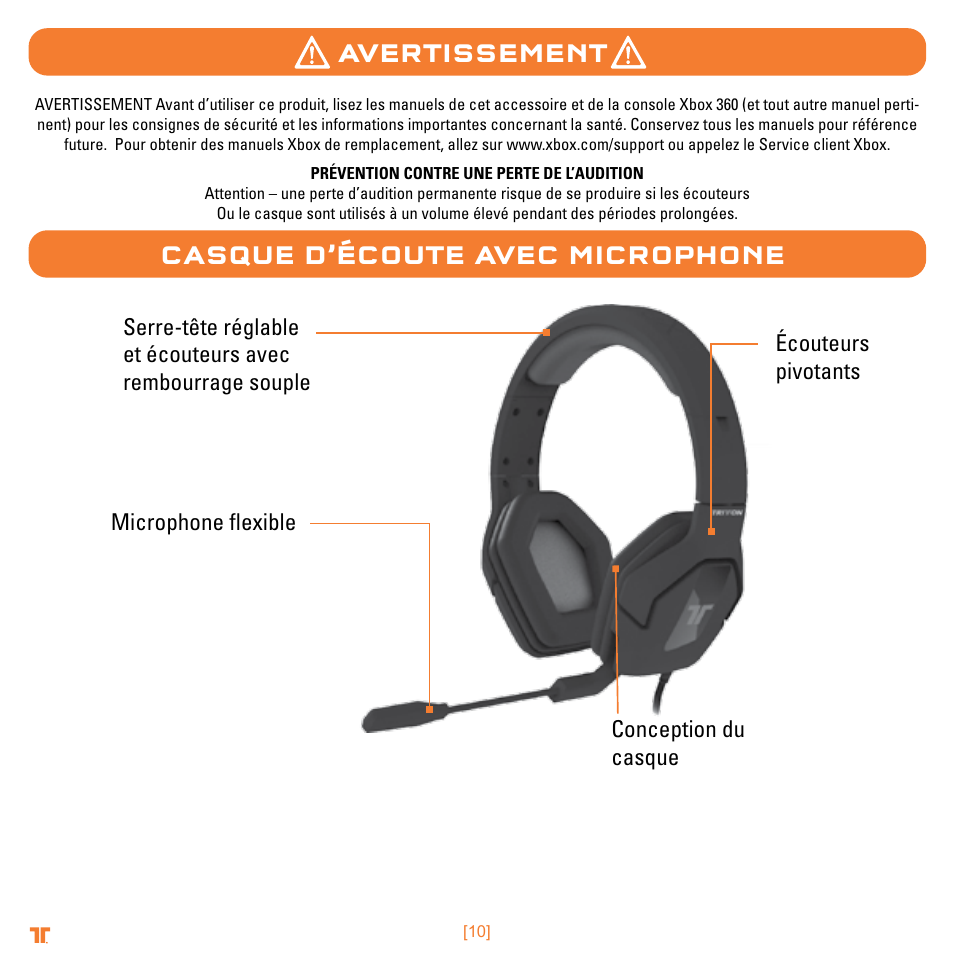 Avertissement casque d’écoute avec microphone | TRITTON Trigger Stereo Headset User Manual | Page 10 / 54