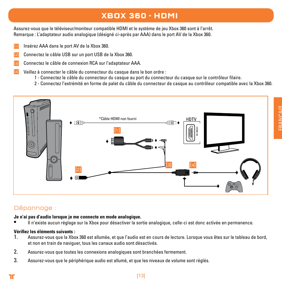 Xbox 360 - hdmi, Français, Dépannage | TRITTON Trigger Stereo Headset User Manual | Page 13 / 54