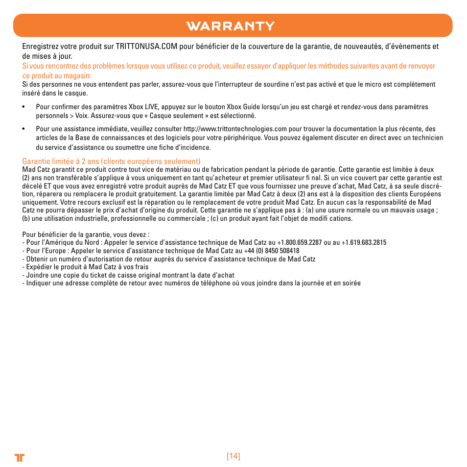 Warranty | TRITTON Trigger Stereo Headset User Manual | Page 14 / 54