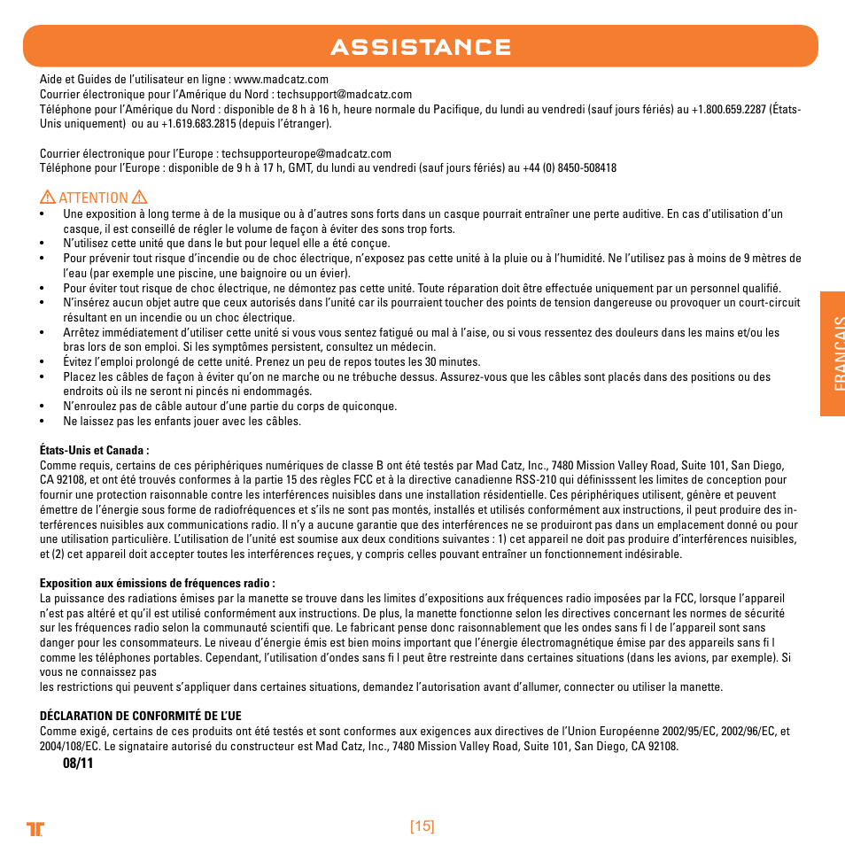 Assistance, Français | TRITTON Trigger Stereo Headset User Manual | Page 15 / 54