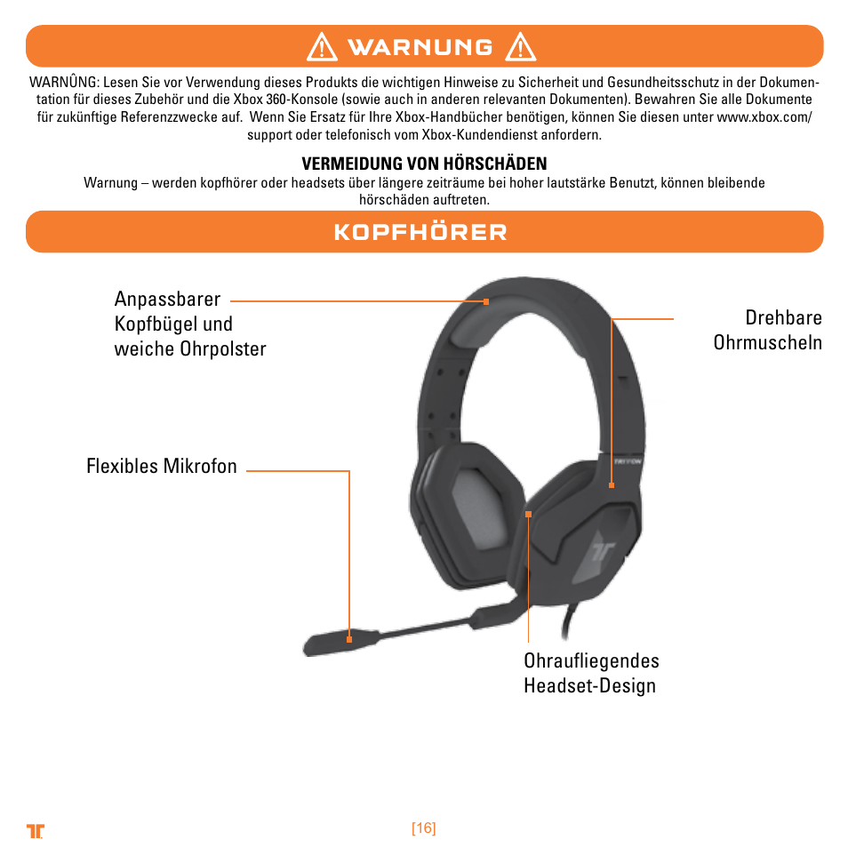 Warnung kopfhörer | TRITTON Trigger Stereo Headset User Manual | Page 16 / 54