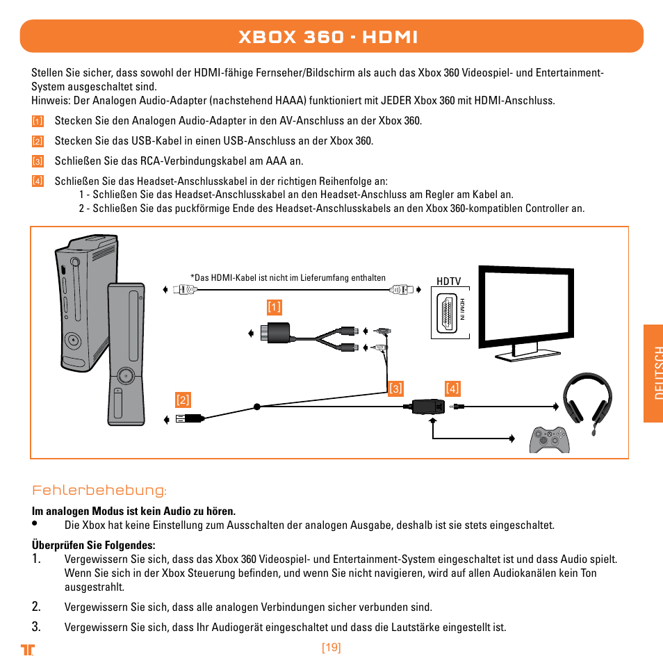 Xbox 360 - hdmi, Deutsch, Fehlerbehebung | TRITTON Trigger Stereo Headset User Manual | Page 19 / 54