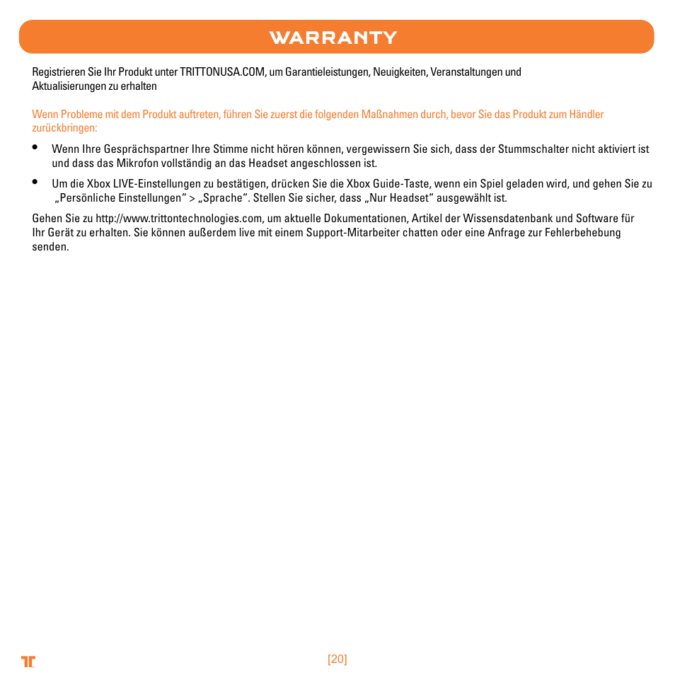 Warranty | TRITTON Trigger Stereo Headset User Manual | Page 20 / 54