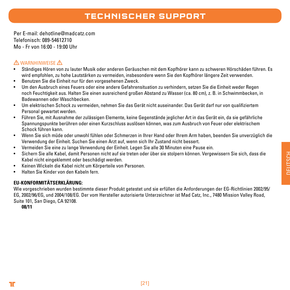 Technischer support | TRITTON Trigger Stereo Headset User Manual | Page 21 / 54