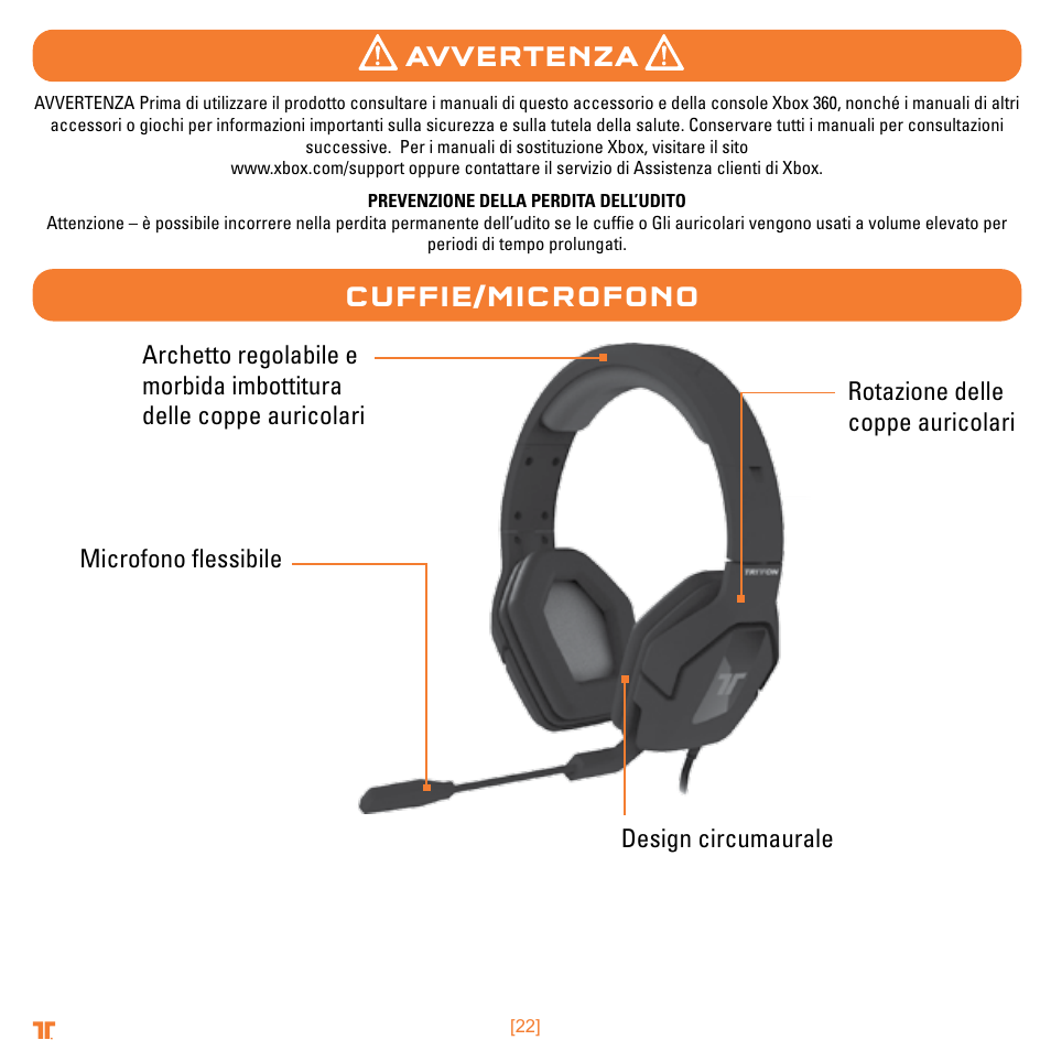 Avvertenza cuffie/microfono | TRITTON Trigger Stereo Headset User Manual | Page 22 / 54