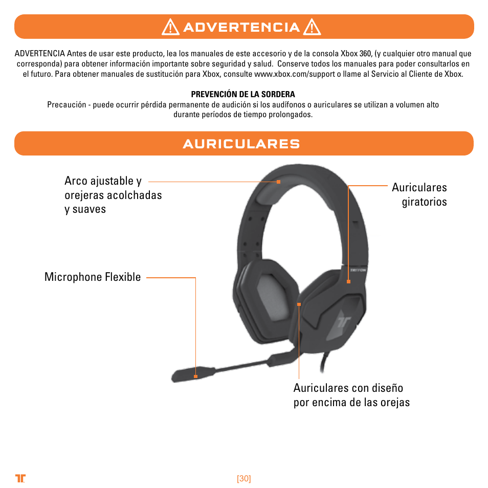 Advertencia auriculares | TRITTON Trigger Stereo Headset User Manual | Page 30 / 54