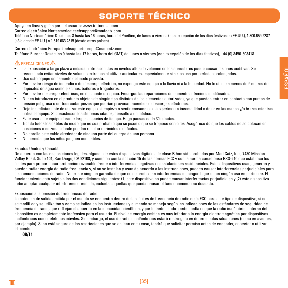 Soporte técnico, Esp a ñ ol | TRITTON Trigger Stereo Headset User Manual | Page 35 / 54
