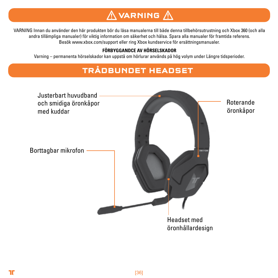 Varning trådbundet headset | TRITTON Trigger Stereo Headset User Manual | Page 36 / 54