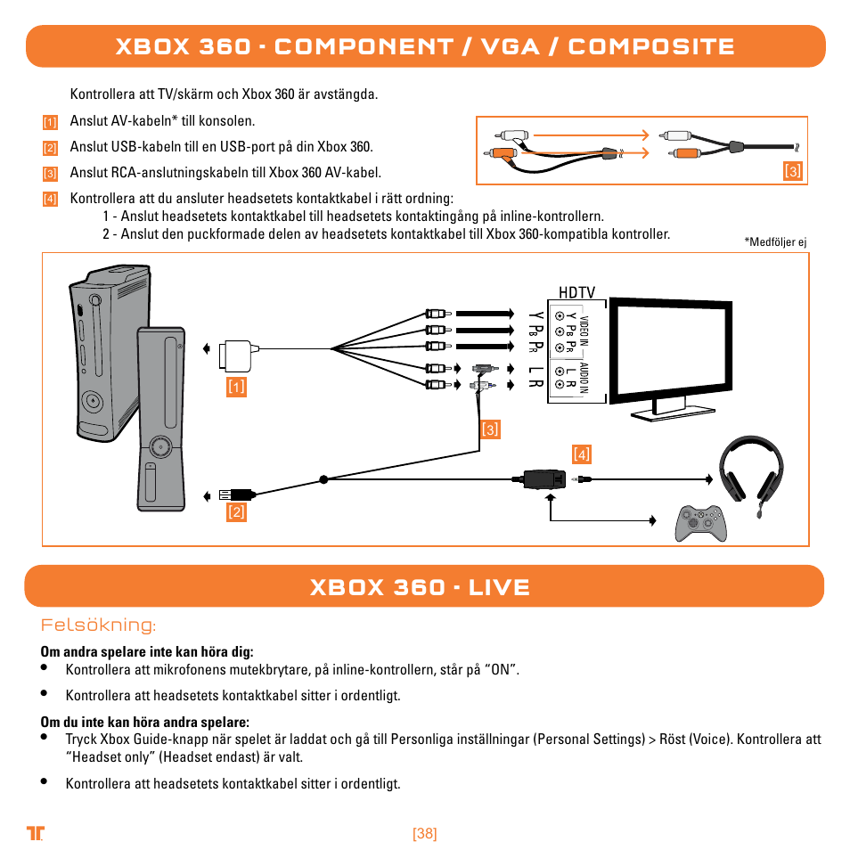 Xbox 360 - component / vga / composite, Xbox 360 - live | TRITTON Trigger Stereo Headset User Manual | Page 38 / 54