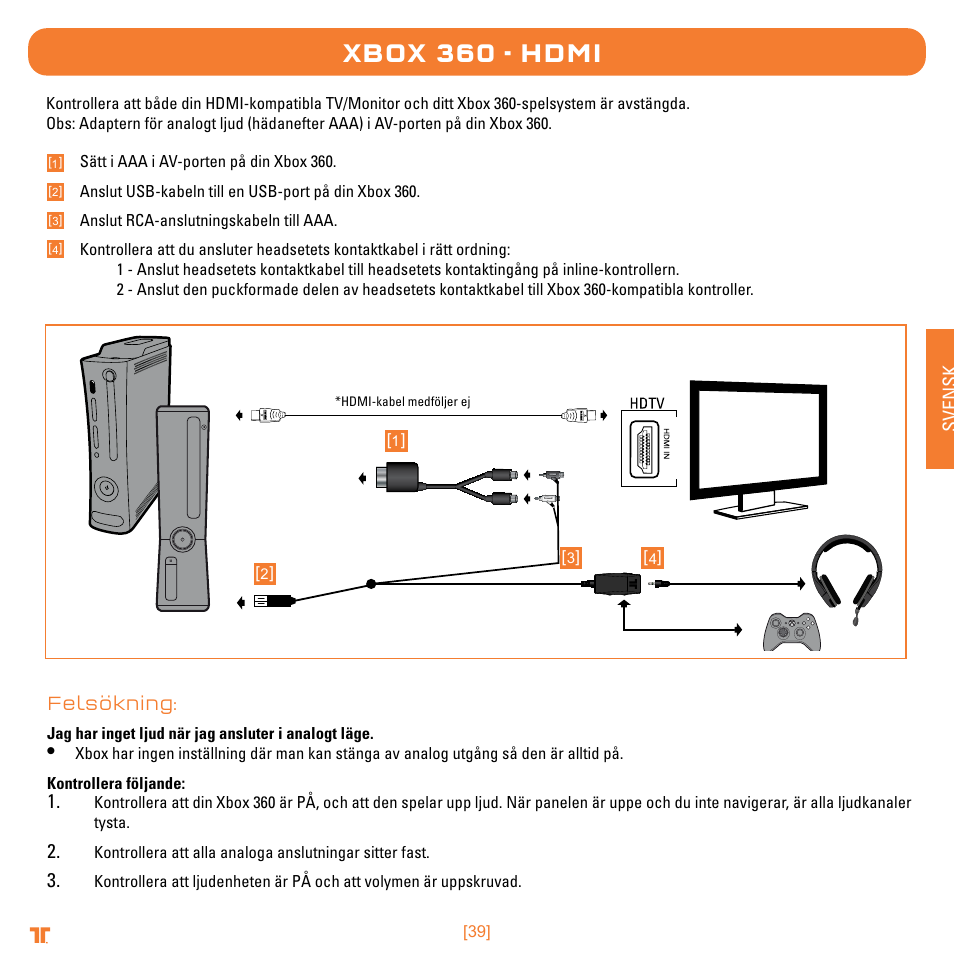 Xbox 360 - hdmi, Svensk, Felsökning | TRITTON Trigger Stereo Headset User Manual | Page 39 / 54