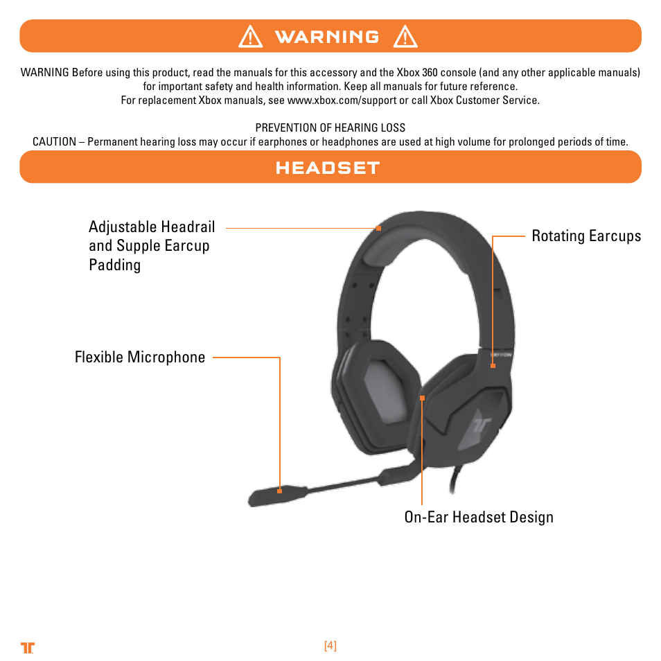 Warning headset | TRITTON Trigger Stereo Headset User Manual | Page 4 / 54