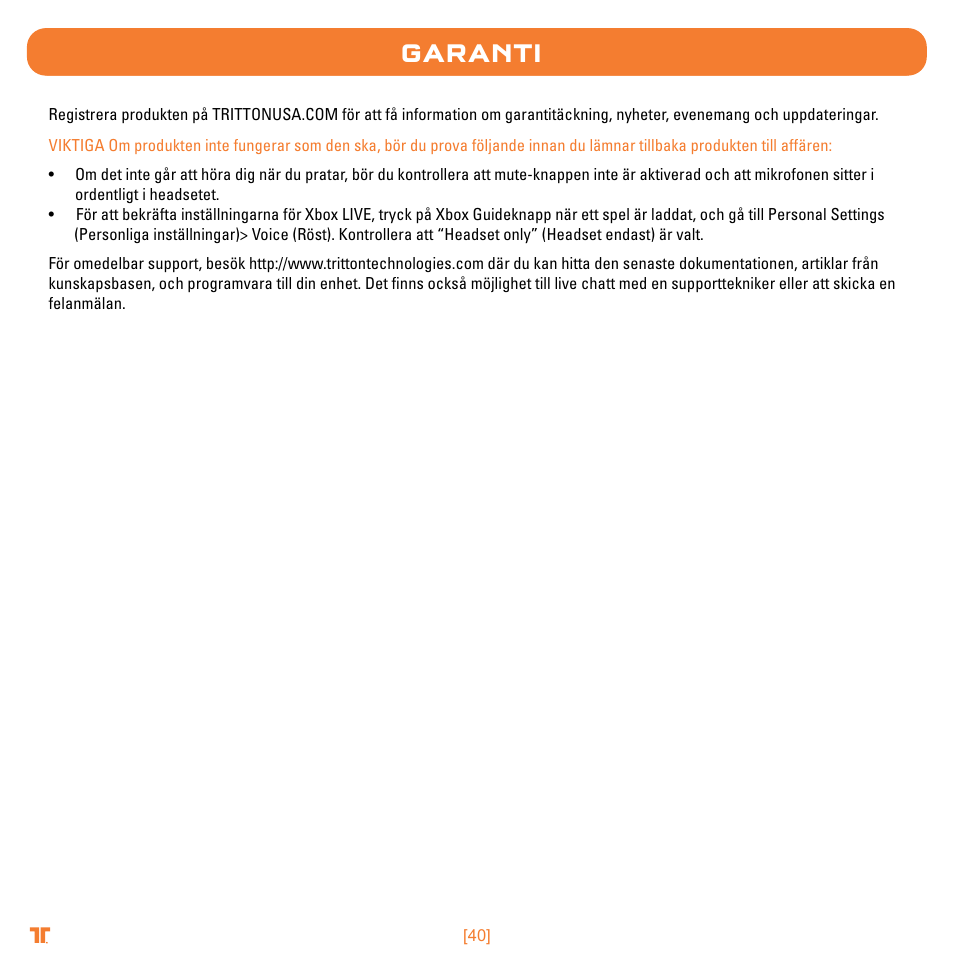 Garanti | TRITTON Trigger Stereo Headset User Manual | Page 40 / 54