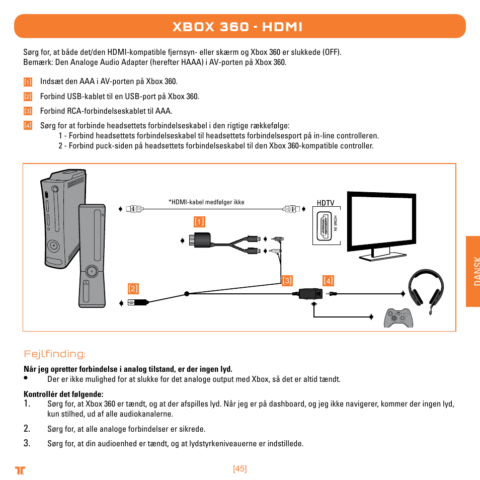 Xbox 360 - hdmi, Dansk, Fejlfinding | TRITTON Trigger Stereo Headset User Manual | Page 45 / 54