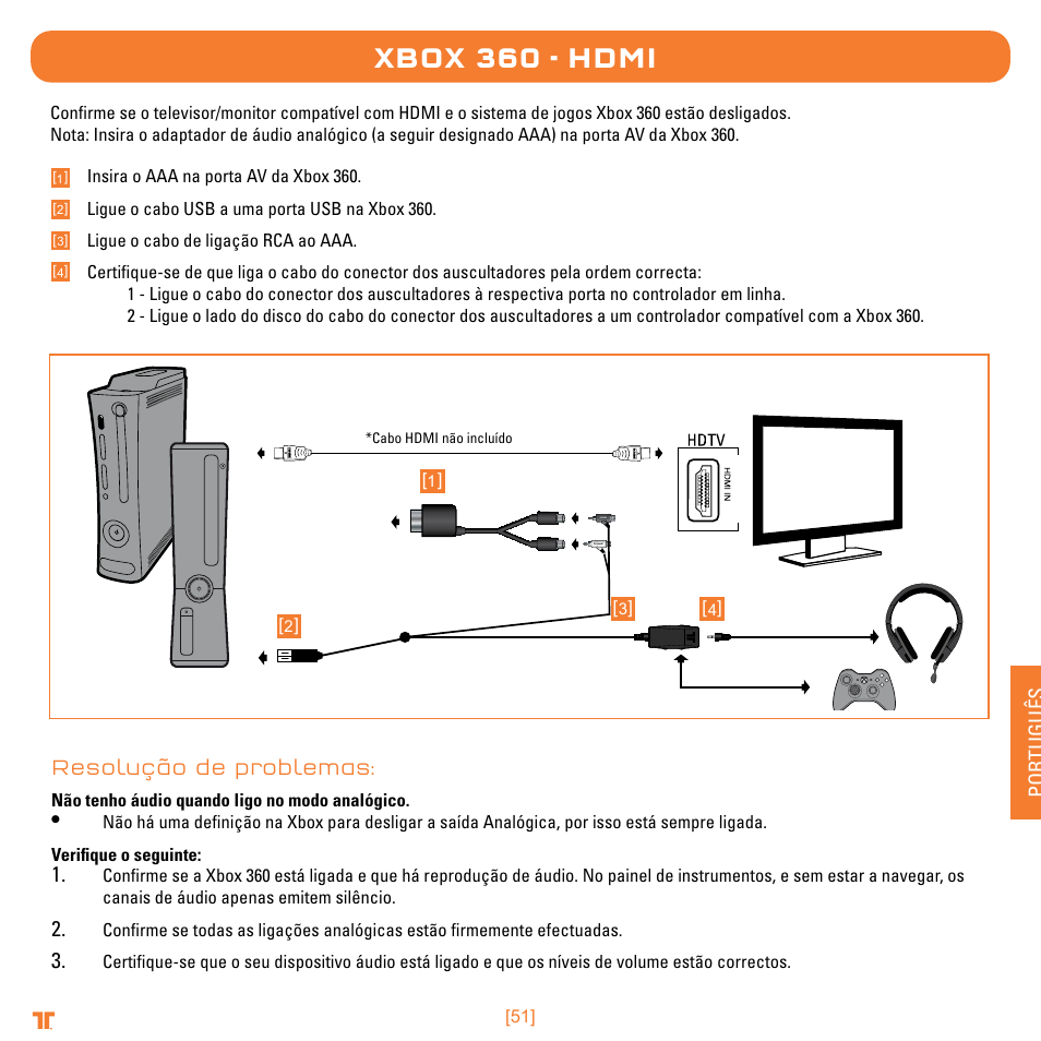 Xbox 360 - hdmi, Português, Resolução de problemas | TRITTON Trigger Stereo Headset User Manual | Page 51 / 54