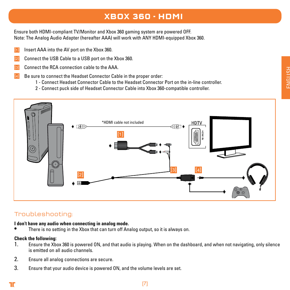 Xbox 360 - hdmi, English, Troubleshooting | TRITTON Trigger Stereo Headset User Manual | Page 7 / 54