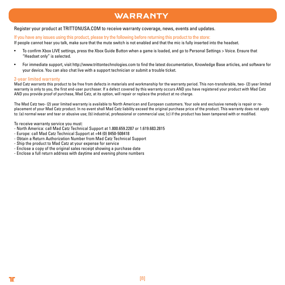 Warranty | TRITTON Trigger Stereo Headset User Manual | Page 8 / 54