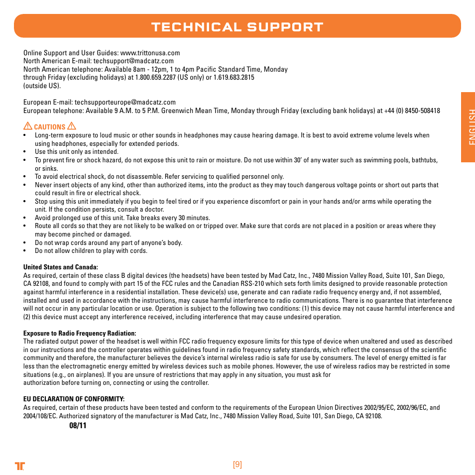 Technical support, English | TRITTON Trigger Stereo Headset User Manual | Page 9 / 54