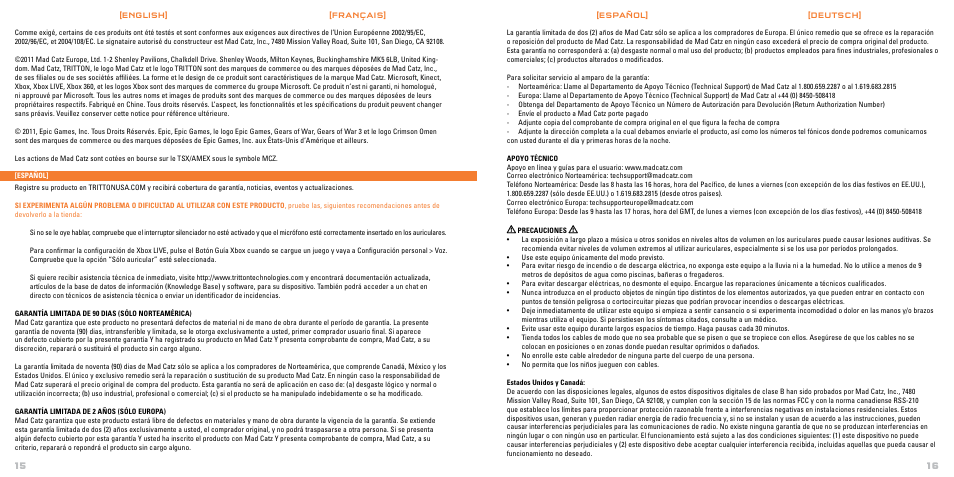 Mad Catz TRITTON Gears of War 3 Performance Stereo Gaming Headset User Manual | Page 9 / 18
