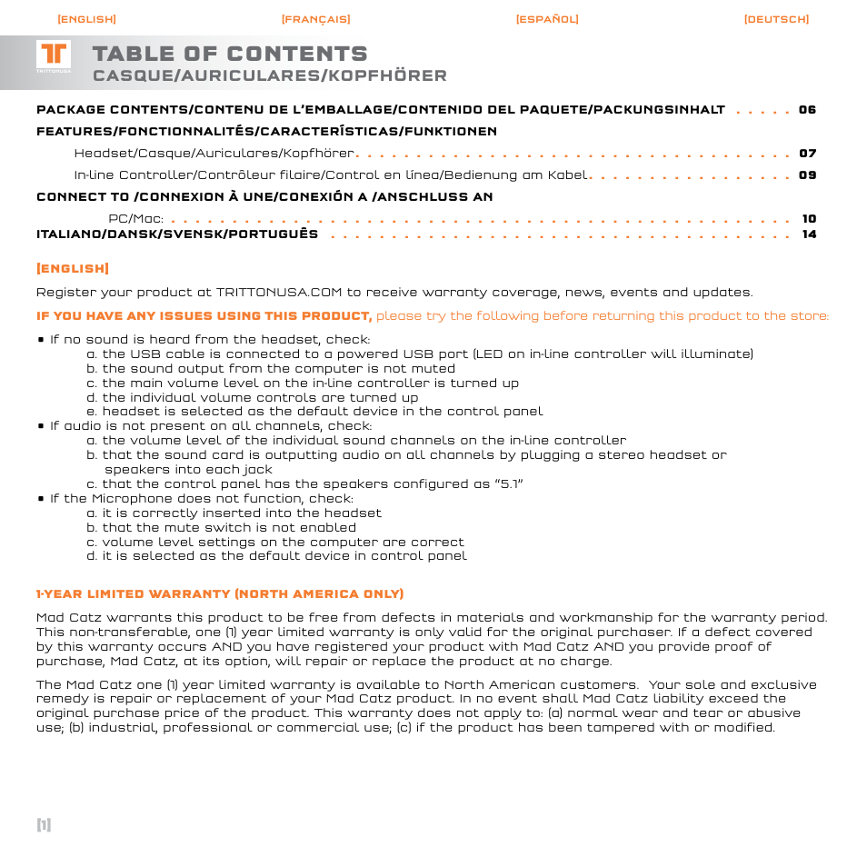 TRITTON Call of Duty : Black Ops Dolby Headphone ProGaming Headset User Manual | Page 2 / 24