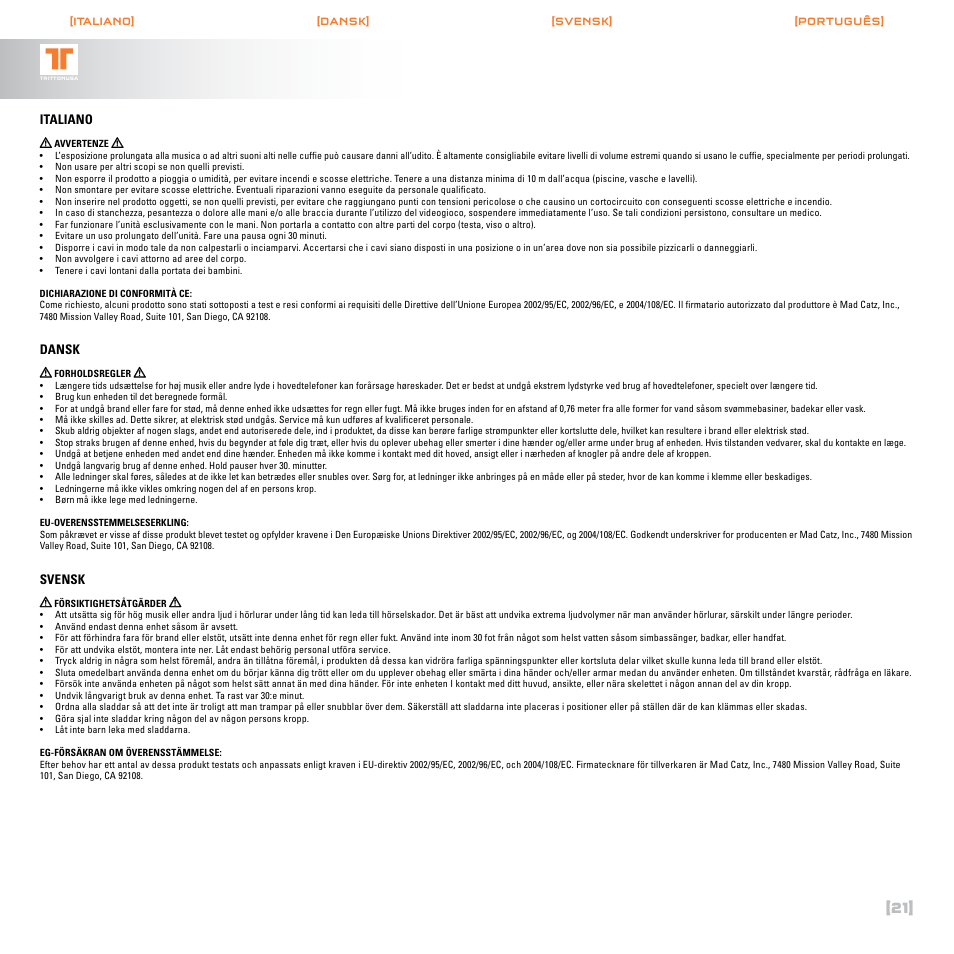 Italiano, Dansk, Svensk | TRITTON Call of Duty : Black Ops Dolby Headphone ProGaming Headset User Manual | Page 22 / 24