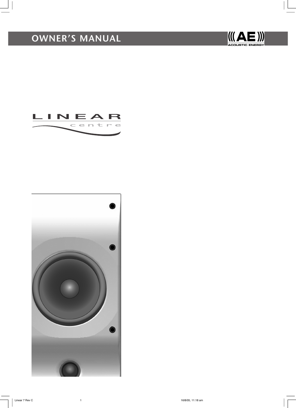 Acoustic Energy Linear Centre User Manual | 8 pages