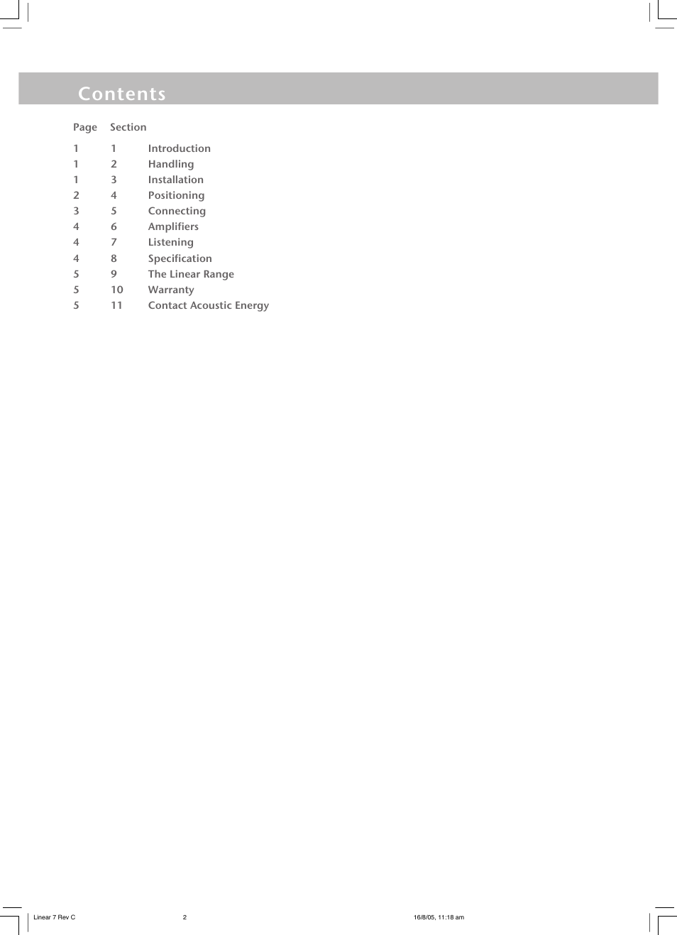 Introduction contents | Acoustic Energy Linear Centre User Manual | Page 2 / 8