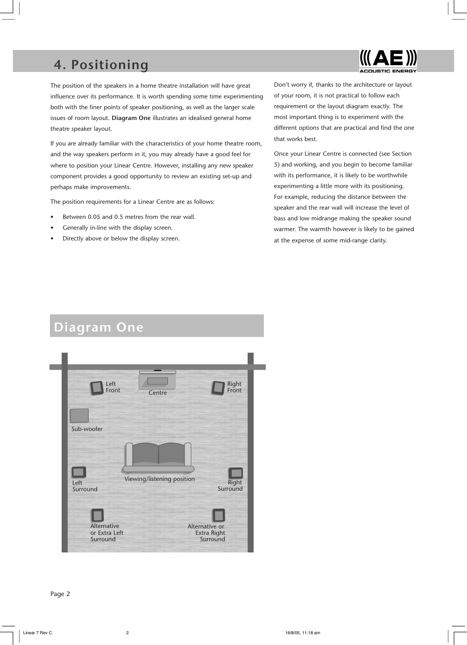 Positioning 5. connecting, Diagram one | Acoustic Energy Linear Centre User Manual | Page 4 / 8