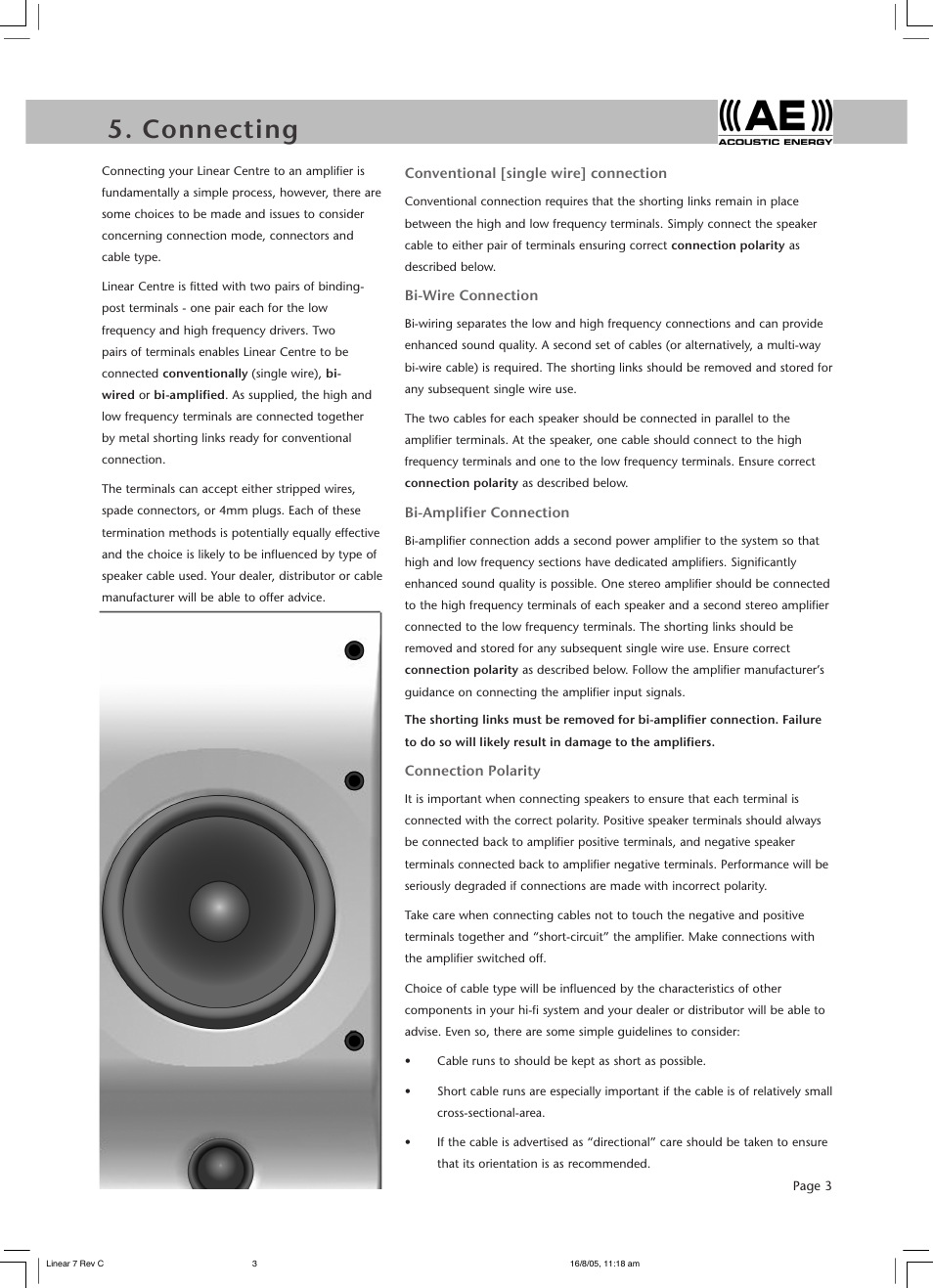 Positioning 5. connecting | Acoustic Energy Linear Centre User Manual | Page 5 / 8