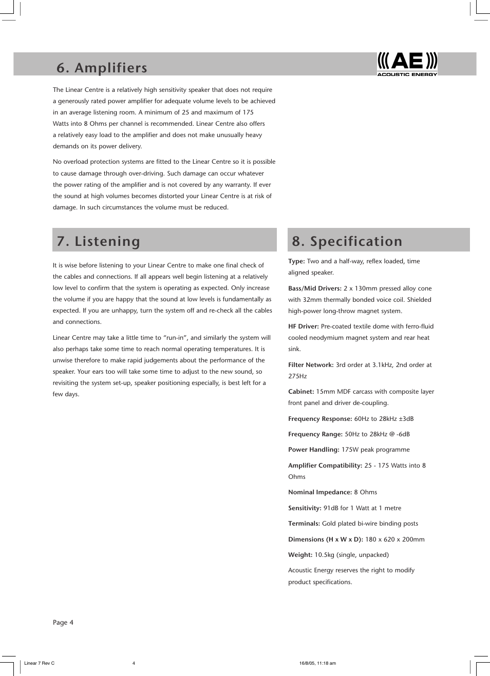 Amplifiers 9. the linear range, Listening 8. specification | Acoustic Energy Linear Centre User Manual | Page 6 / 8