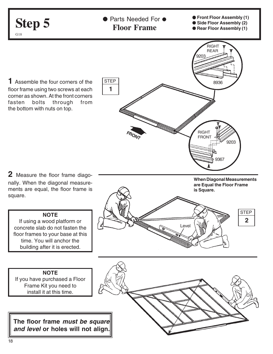 Step 5, Floor frame, Must be square and level | Arrow Fastener VD108-A 697.68618 User Manual | Page 18 / 32