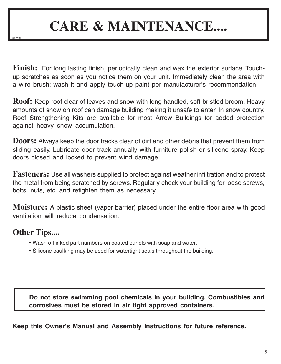 Care & maintenance, Finish, Roof | Doors, Fasteners, Moisture, Other tips | Arrow Fastener VD108-A 697.68618 User Manual | Page 5 / 32