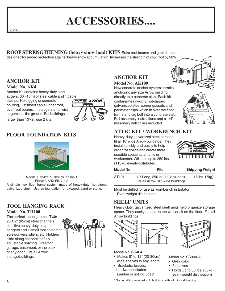 Accessories, Shelf units, Attic kit / workbench kit | Anchor kit, Tool hanging rack, Roof strengthening (heavy snow load) kits, Floor foundation kits | Arrow Fastener VD108-A 697.68618 User Manual | Page 6 / 32