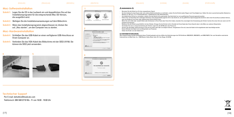 Mac-softwareinstallation, Mac-hardwareinstallation, Technischer support | TRITTON Eclipse UV150 User Manual | Page 10 / 17