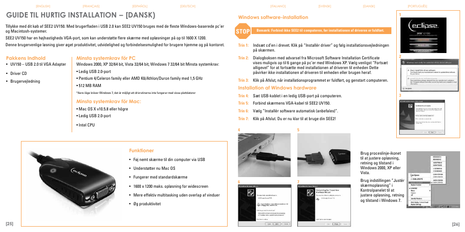 Guide til hurtig installation, Dansk), Stop | TRITTON Eclipse UV150 User Manual | Page 14 / 17
