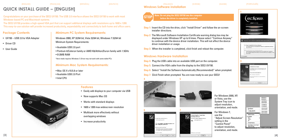 Quick install guide, English, Stop | TRITTON Eclipse UV150 User Manual | Page 3 / 17