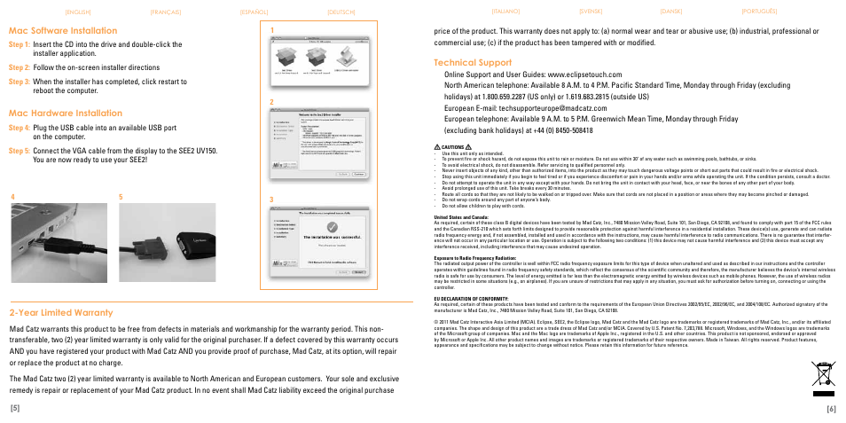 Mac software installation, Mac hardware installation, Year limited warranty | Technical support | TRITTON Eclipse UV150 User Manual | Page 4 / 17
