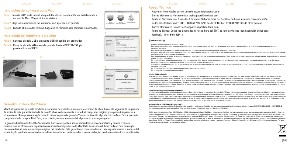 Instalación del software para mac, Instalación del hardware para mac, Garantía limitada de 2 años | Apoyo técnico | TRITTON Eclipse UV150 User Manual | Page 8 / 17